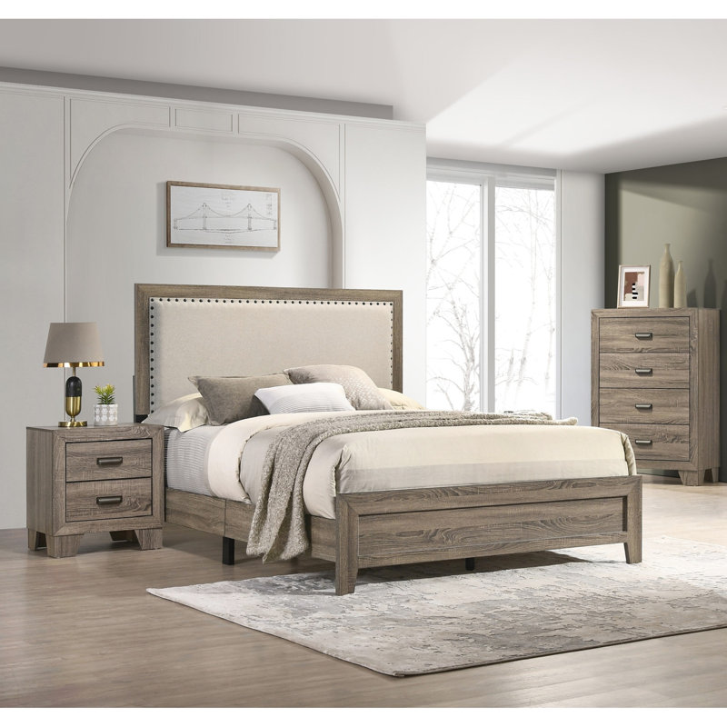 Beautifully Designed Queen Bed With Grey Fabric And Wood Veneers Modern Size Crystal Inlay Upholstery, Gray, Queen