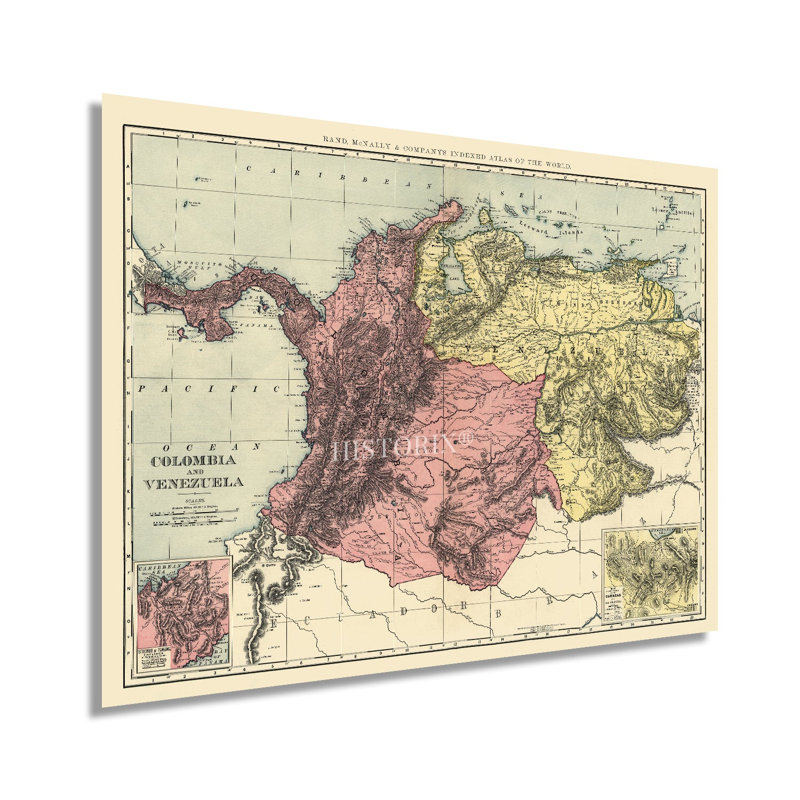 1898, carte de la Colombie et du Vénézuéla sur papier, H 24 po x l 36 po