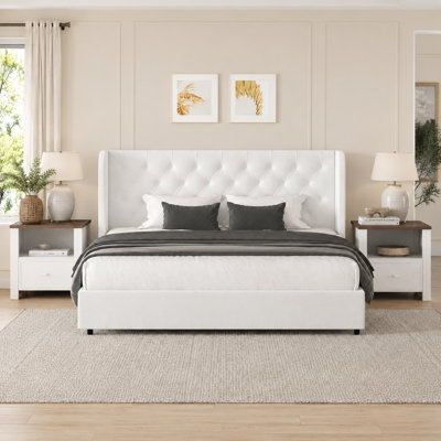 Lit plateforme tapissier avec velours courbé à oreilles et table de chevet à cadre ouvert en bois, table d'appoint de style champêtre pour chambre à coucher et salon