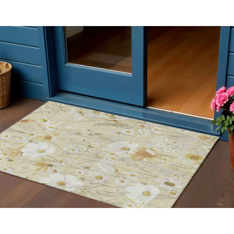 3' X 5' Wheat And Ivory Floral Washable Indoor Outdoor Area Rug