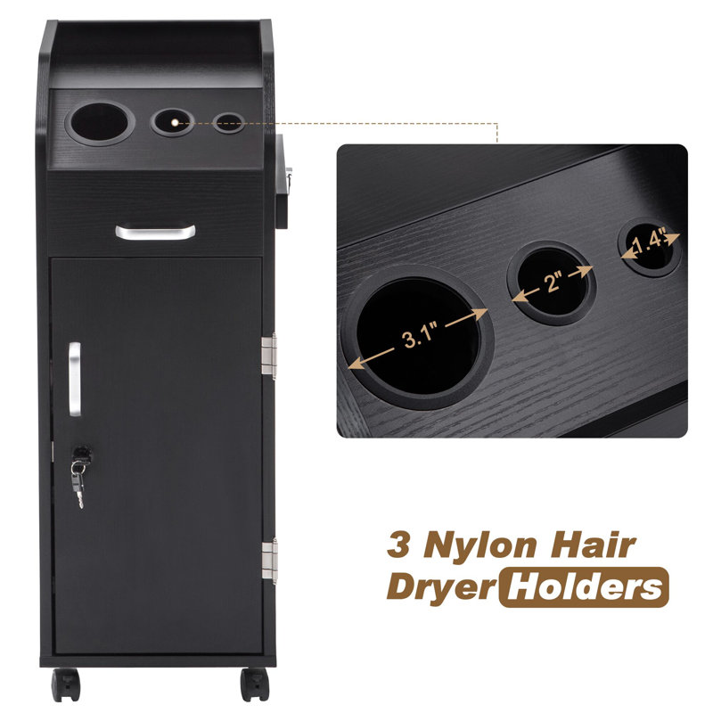 Black Wood Salon Trolley Storage Cart with Lockable Wheels