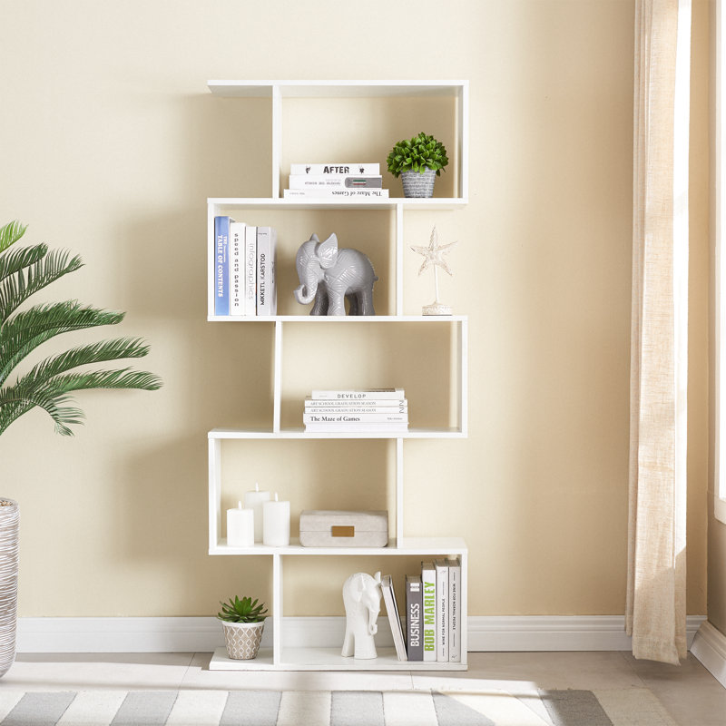62.6" H Geometric Bookcase 5 Tier S-Shaped Room Divider Bookshelf, White