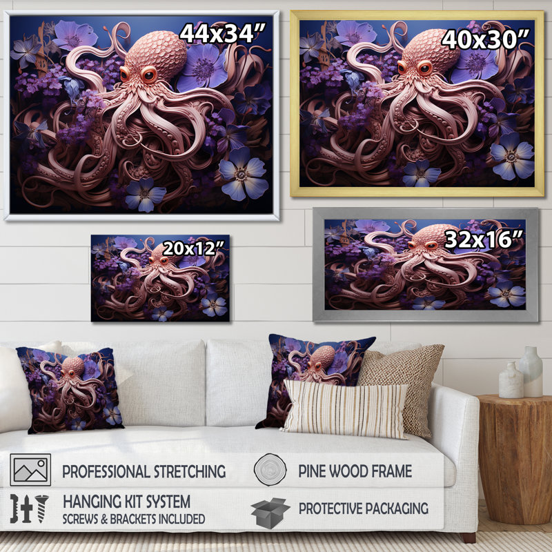 Mauve oasis de pieuvre II - art mural animaux côtiers, Cadre flottant doré, H 16 po x l 32 po x P 1 po