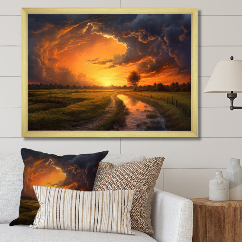 " A Single Tree Sunset Waterway In Flanders Fields ", 16" H x 32" W x 1" D, Gold Single Picture Framed