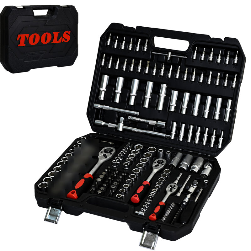 171 pièces Boîte à outils avec douille et clé à cliquet, acier au carbone noir, pour travaux de garage, serrure, clé à boîte à outils portable, outils en acier dans la boîte à outils, réparation de voiture, garages de mécanicien