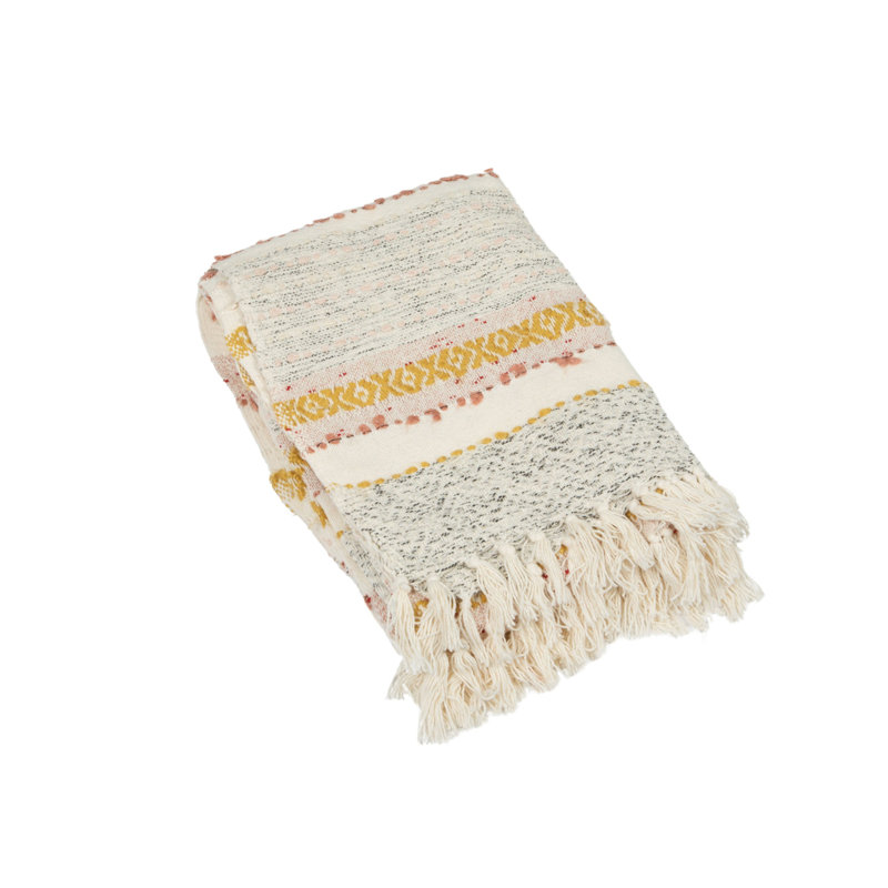 Multicolor Woven Cotton Striped and Embroidered Throw Blanket with Fringe