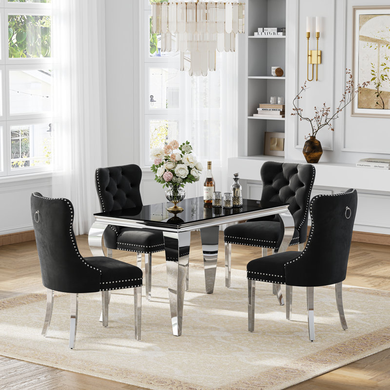 Dining Set, 0.39" Black Glass Dining Table with Mirror Stainless Steel Legs, 4 Velvet Dining Chairs with Nailhead Trim and High-Density Foam Padding