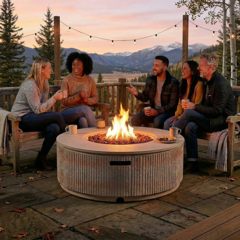 Round Propane Fire Pit Table with Vertical Stripe Design, 50000 BTU Concrete Fire Pit for Outdoor, 38.19''(Brown)