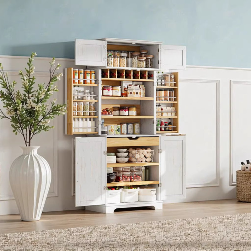 K&K - Armoire de cuisine de style campagnard haut de 78,2 po avec 8 tablettes de porte, 4 tablettes réglables, tiroir caché et support à vin - Blanc rétro