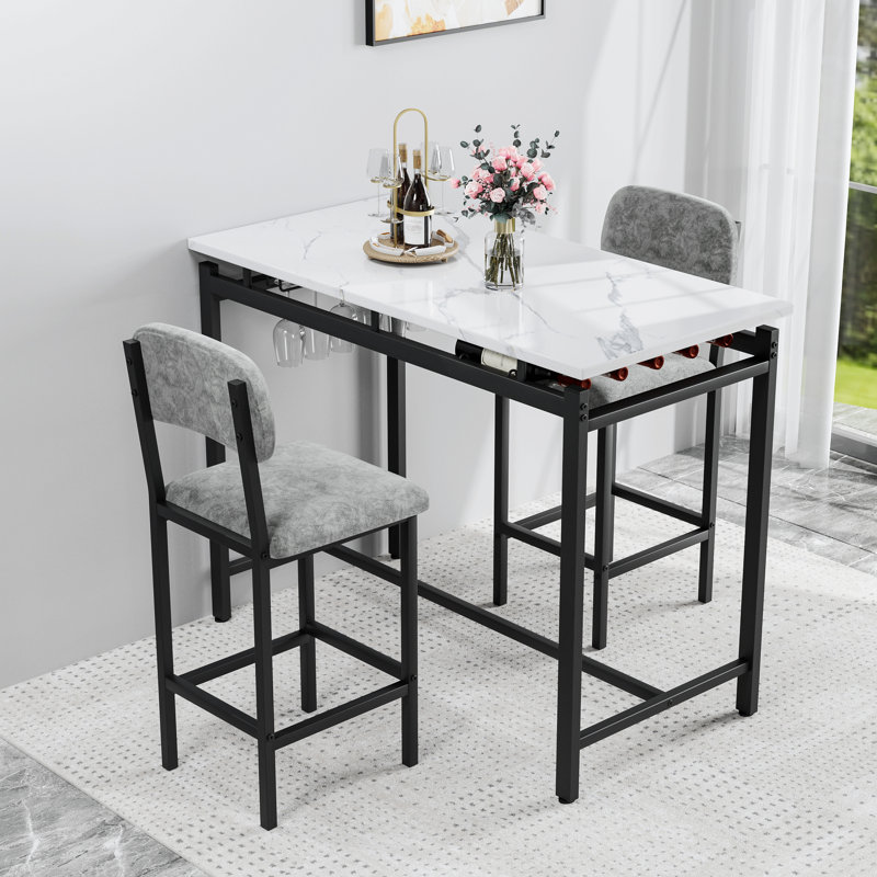 Table de salle à manger moderne et chaises pour 2 personnes, ensemble de table de salle à manger avec finitions en marbre et 2 chaises rembourrées