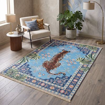 Aveline Decorative 100% Cotton Non-Slip Blue Leopard Oasis Area Rug