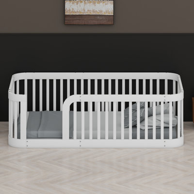 Wood Floor Bed Frame with Safety Fence for Kids