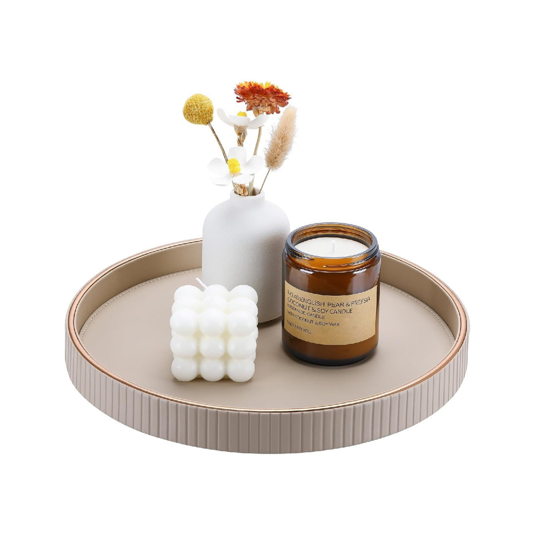 Candle Plate, PU Leather Large Tray Perfume Plate, Decorative Serving Trays Dining Table Accessories, 30 cm (White)