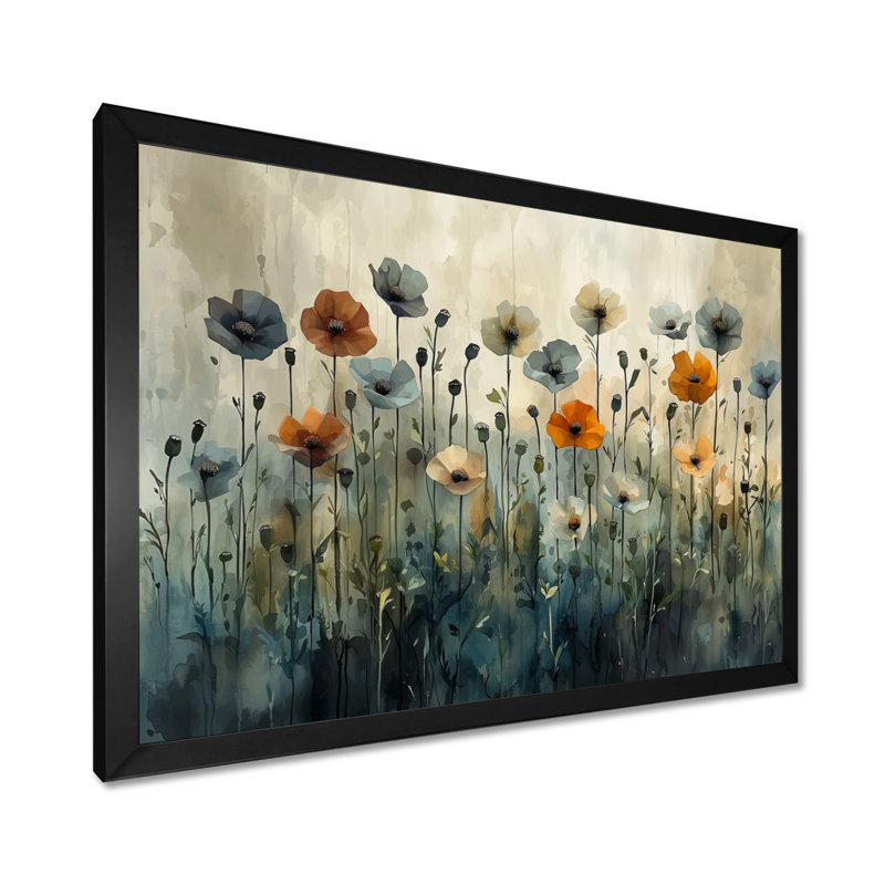 Hiver, minimalisme, coquelicots, champ III - coquelicots, art mural, H 12 po x l 20 po, Cadre simple noir