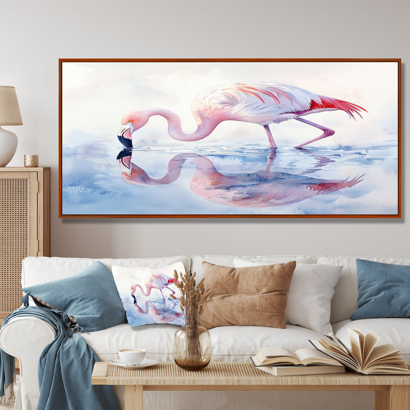 Flamingo Reflections - art mural flamant, H 28 po x l 60 po, Cadre flottant, Brun