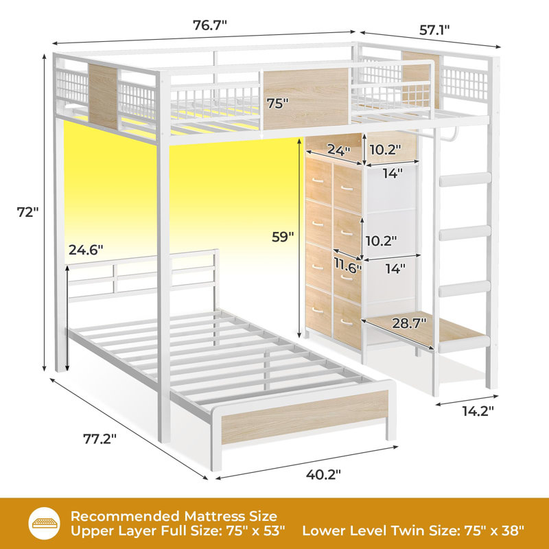 Full Over Twin Bunk Bed With 8 Storage Drawers, Metal Loft Bed With Led Lights And Storage Shelves,, White