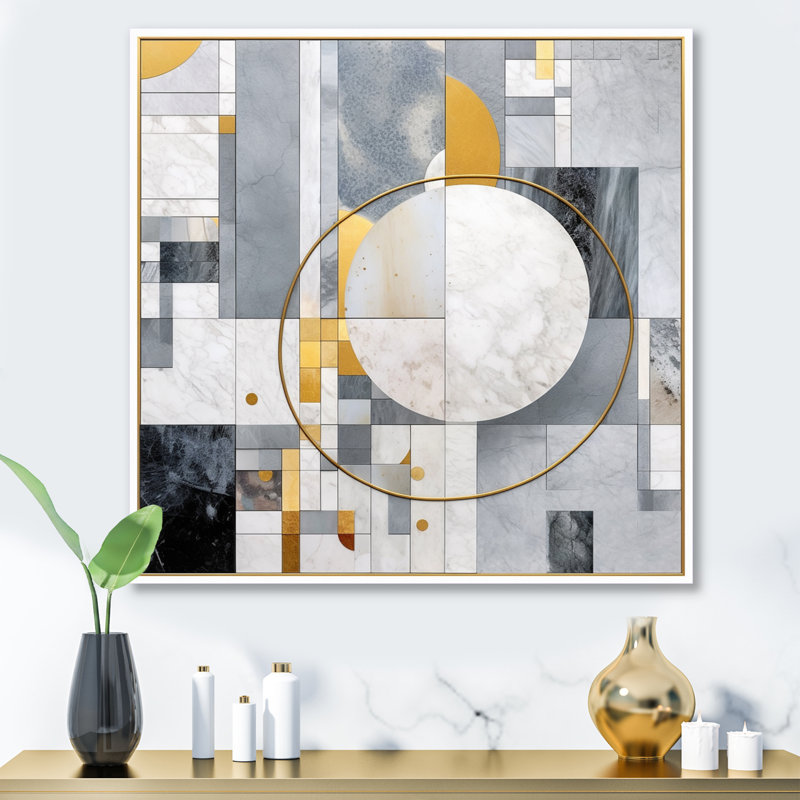 Mosaïque grise et jaune I - Impression de formes abstraites sur métal, H 16 po x l 16 po x P 1 po