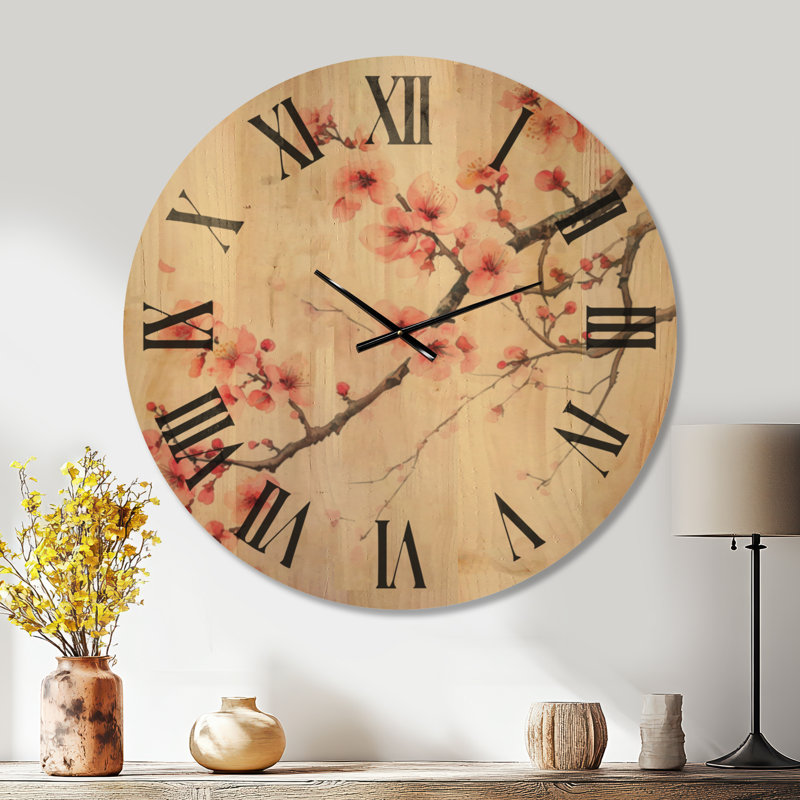 Horloge murale florale en bois silencieux - branche de cerisier en fleurs, Oversized