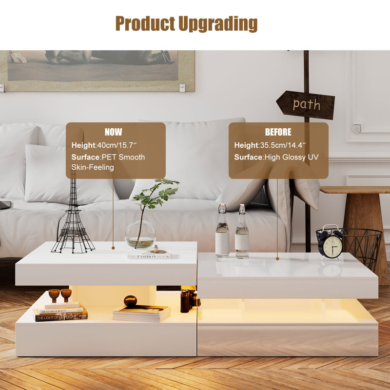 Charvez Solid Coffee Table with 16 Colors LED Lights, 78 X 78cm, Matte White, 40cm H x 78cm W x 78cm D