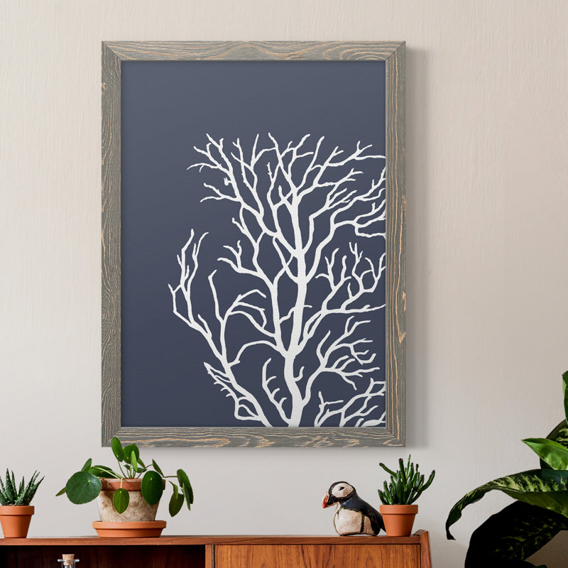 Coraux blancs sur toile indigo bleue C de qualité supérieure - prêts à être accrochés, Encadré gris