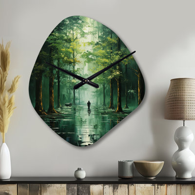 Mateen Solitude In Forest Of Emerald II - Forest Irregular Shape Metal Wall Clock, Traditional Asymmetrical Wall Clock Print
