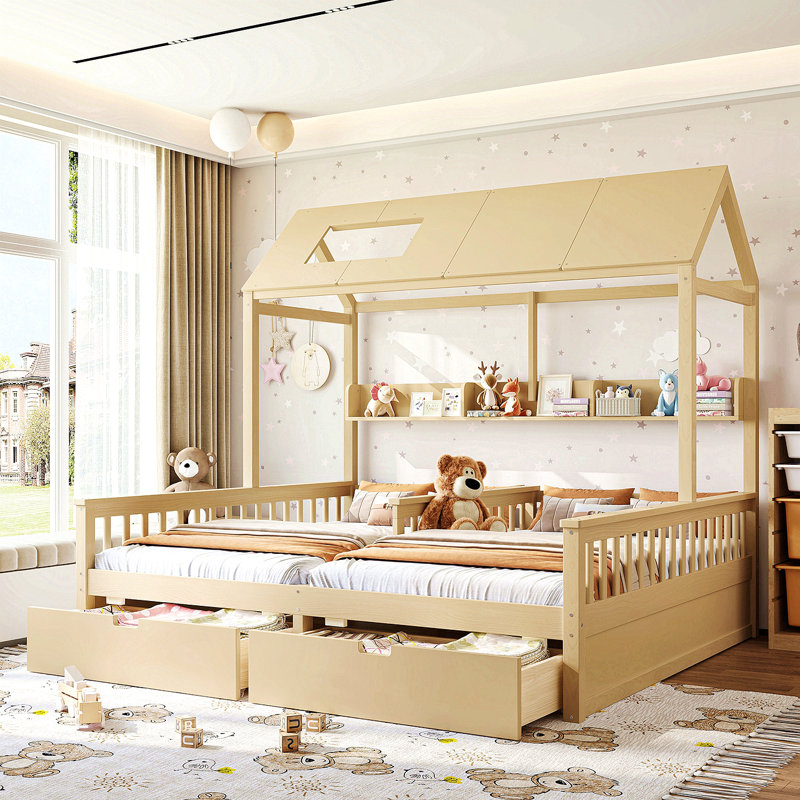 Lit plateforme simple double avec tablettes et tiroirs de rangement, lit plateforme avec lattes de soutien, conception enfantine et maisonnette, naturel