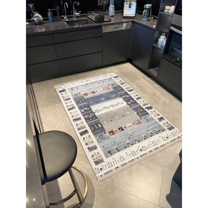Tapis décoratif moderne bleu-beige, Tapis de couloir 3 pi 9,81 po x 6 pi 6,74 po