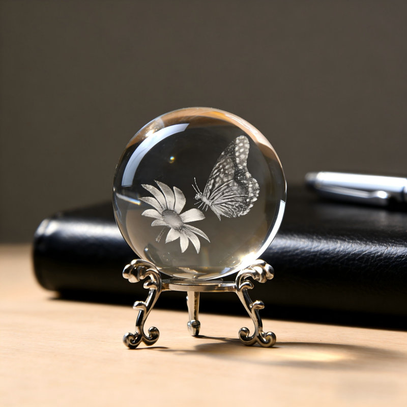 Whimsical 60mm 3d Butterfly Sunflower Crystal Ball With Stand