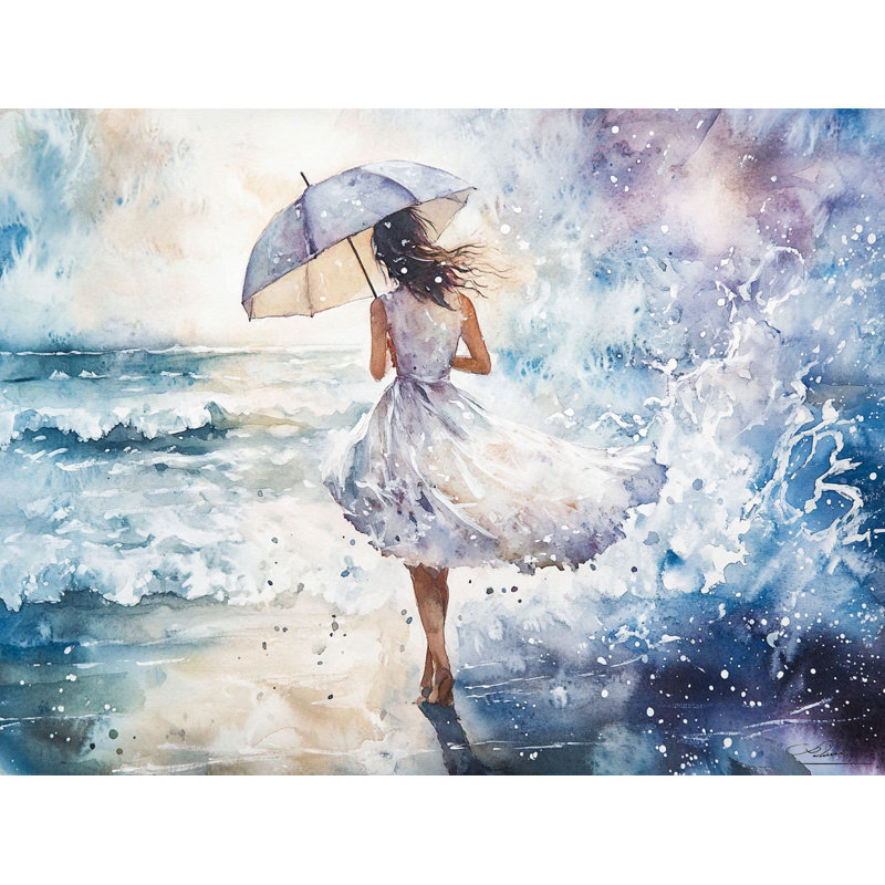 Shoreline Dreams - Girl Under Umbrella Ocean, reproduction sur toile