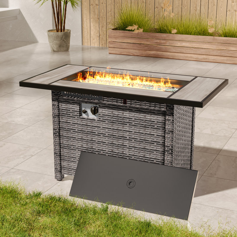 Table de foyer d'extérieur rectangulaire 45 po avec rotin PE, Gris
