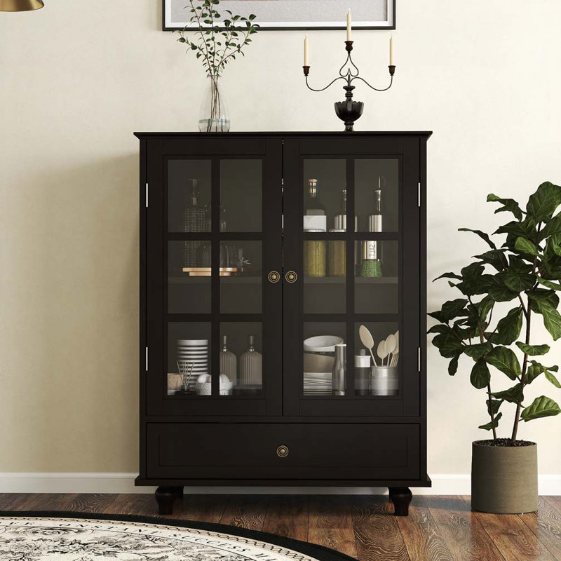 Storage Cabinet with Double Glass Doors and Drawer, Black