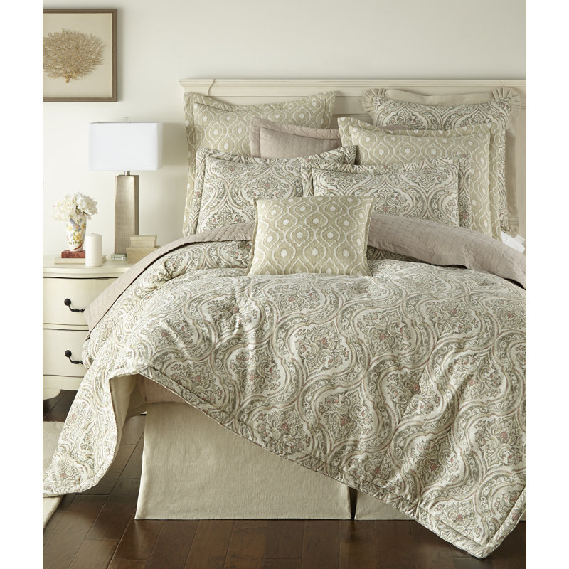 Aberdeen Cotton Ring Stitch Damask Comforter, Queen Comforter + 2 Shams, Tan