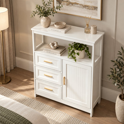 Buffet minimaliste et moderne avec tiroirs et portes, et grand plateau de rangement, idéal pour la cuisine, la salle à manger, le salon et l'entrée.