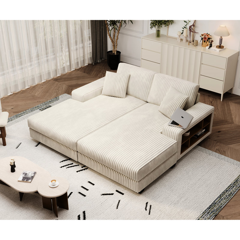 Fauteuil en velours côtelé beige moelleux, salon double surdimensionné avec bois de construction et tissu