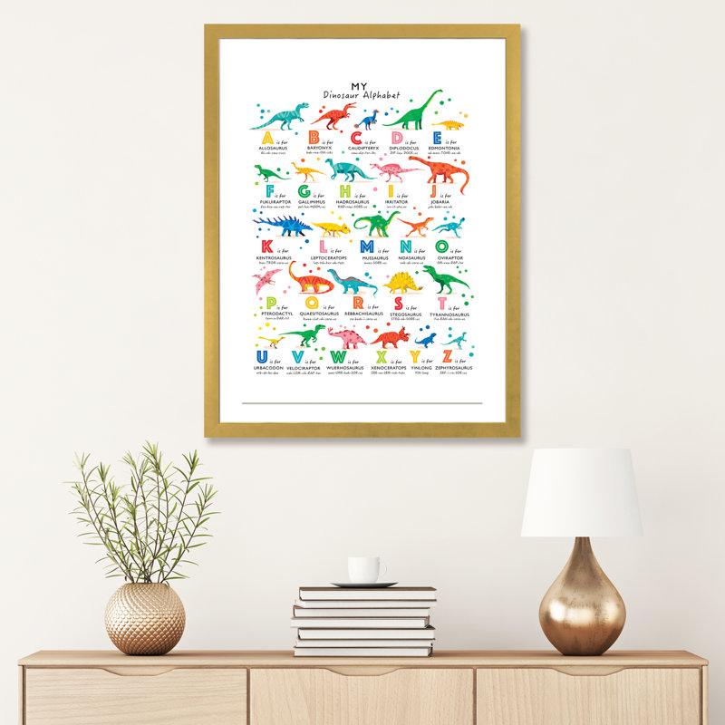 Dinosaur Alphabet - impression d'art graphique, Papier encadré doré, Blanc, H 32 po x l 24 po x P 1 po
