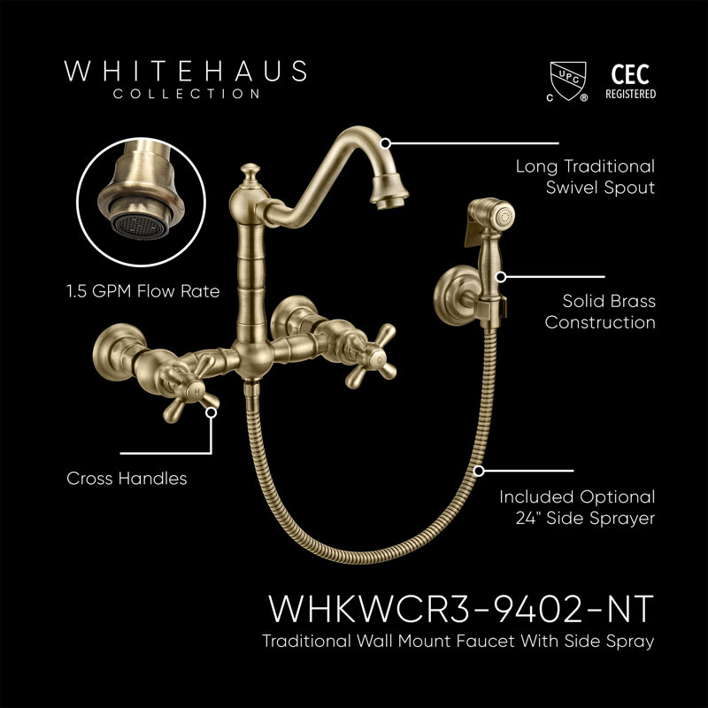 Whitehaus Wall Mount Faucet with Long Traditional Swivel Spout and Solid Brass Side Spray, Antique Brass, Cross
