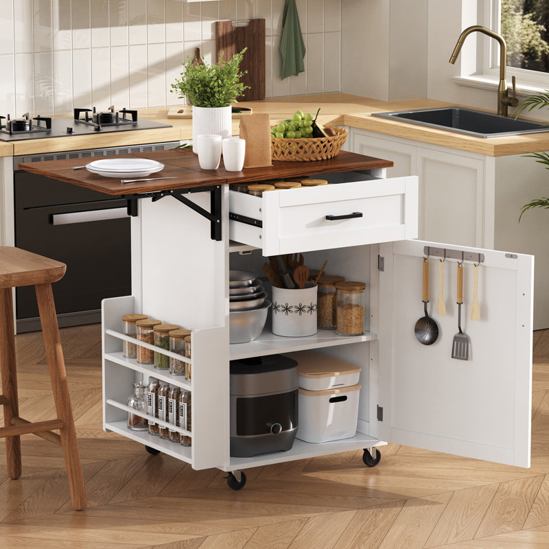 Farmhouse Kitchen Island Cart With Drop Leaf, White