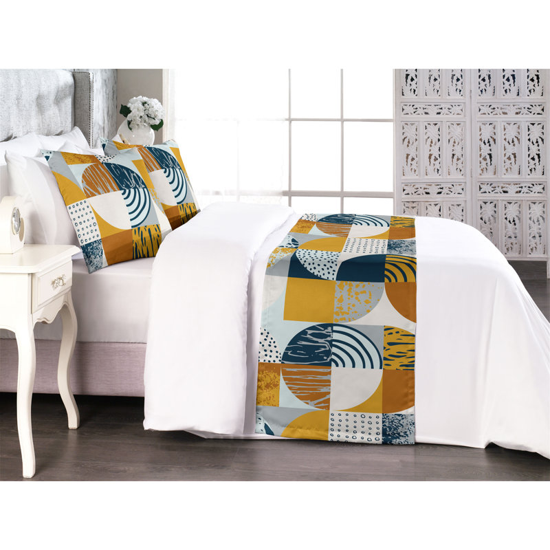 Ensemble de chemin de lit Ambesonne Retro Grungy Quarter Circles Art jaune foncé, orange et bleu, Très grand