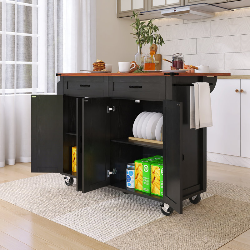 53.5" Drop-Leaf Countertop Kitchen Cart With Spice Rack & Power Outlet, Black