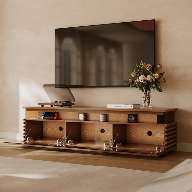 Console multimédia à lattes Selene avec éclairage DEL, aucun assemblage requis, Noyer, H 20,47 po x L 78,74 po x l 17,72 po