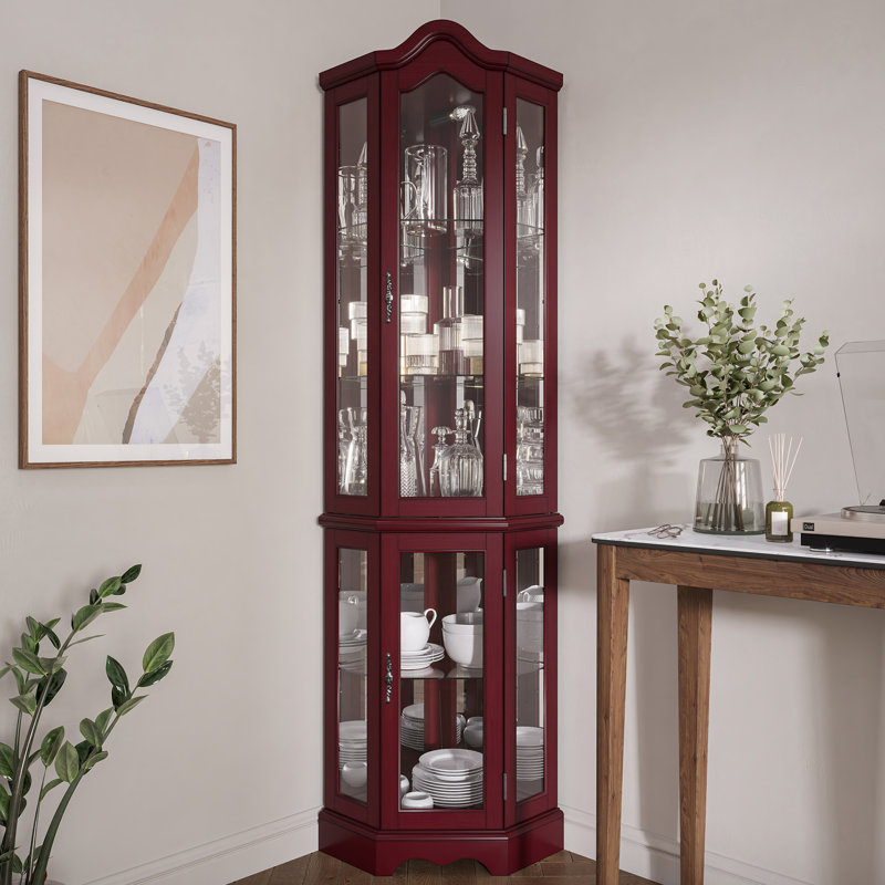 Vitrine lumineuse vitrée Agaran avec portes et tablettes en verre trempé, armoire de coin en bois courbé avec ampoule