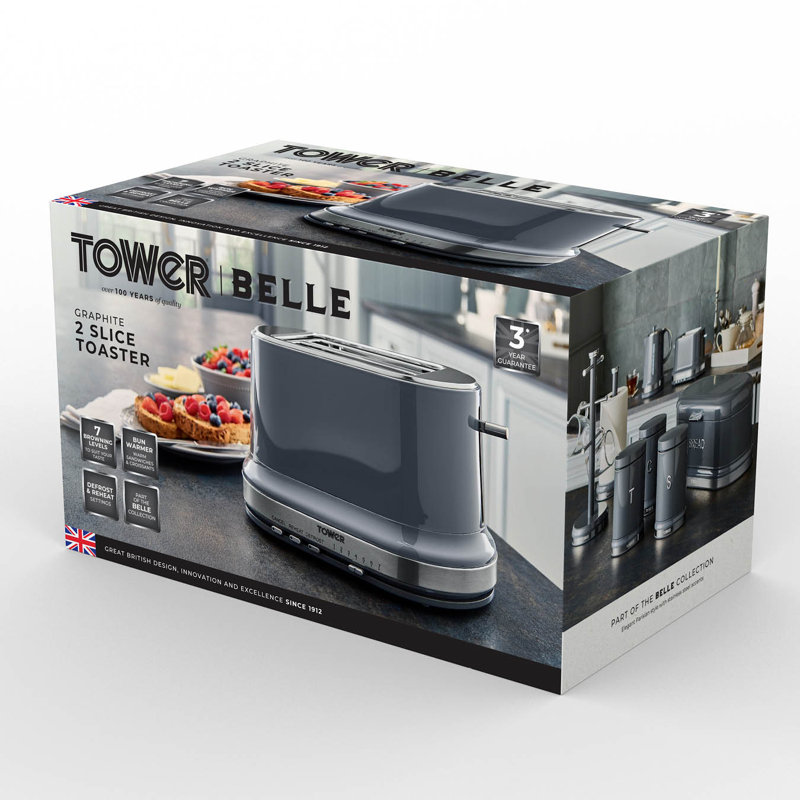 Tower Belle 2-Slice Toaster with 7 Browning Settings, Defrost/Reheat/Cancel, 800 W, Graphite