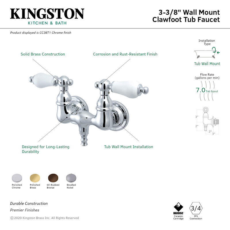 Kingston Brass Vintage Two-Handle 2-Hole Tub Wall Mount Tub Faucet