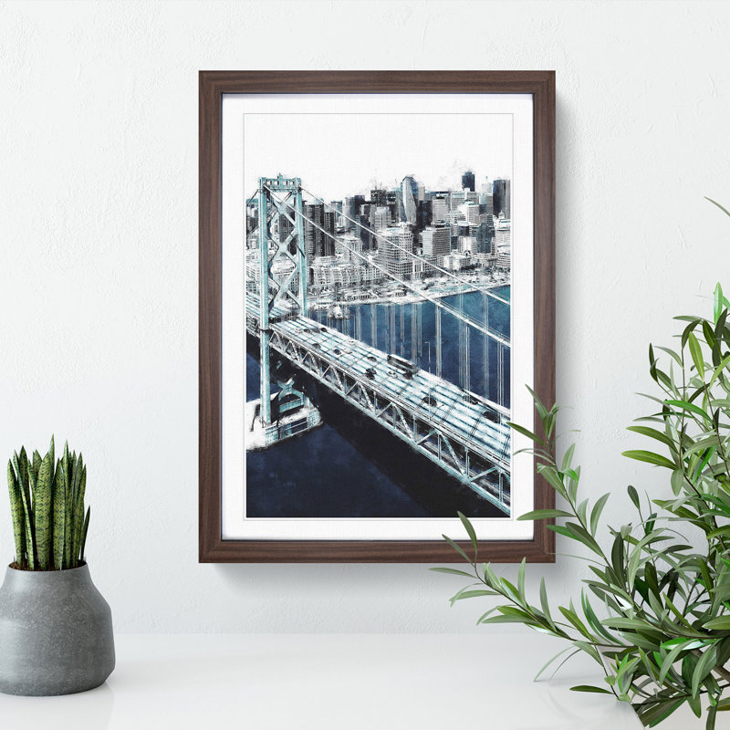 San Francisco Oakland Bay Bridge Abstract - Picture Frame Graphic Art Print, 33cm H x 24cm W x 2cm D, Walnut Framed