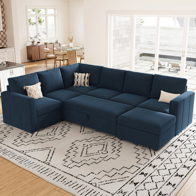 Seybert Pull-Out Sofa Bed Sectional With Storage Ottoman, Blue Velvet