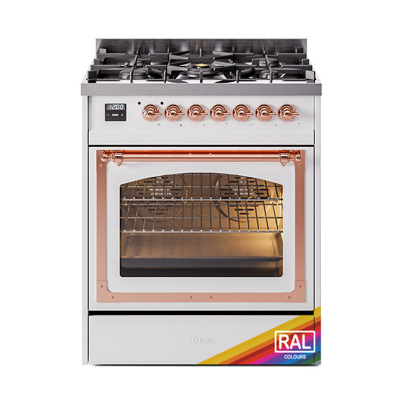 ILVE Nostalgie II Series Noblesse 30 inch Dual Fuel Range with 5 Sealed Burners (Glass Door), Copper, Liquid Propane