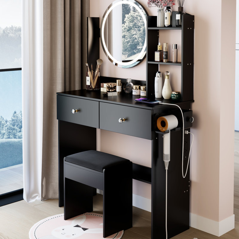 American Style 17" Round Led Mirror Vanity Table With 3 - Color Adjustable And Cushioned Stool, 2 Ac + Power Ports, Large Desktop, Multi Layer Storage, Construction, 46.5 In Height Design Big Colors