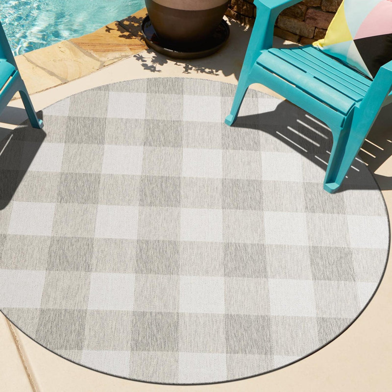 Tereon Checkered Machine Made Power Loom Polypropylene Plastic Indoor/Outdoor Area Rug in Gray, Round 3'3"