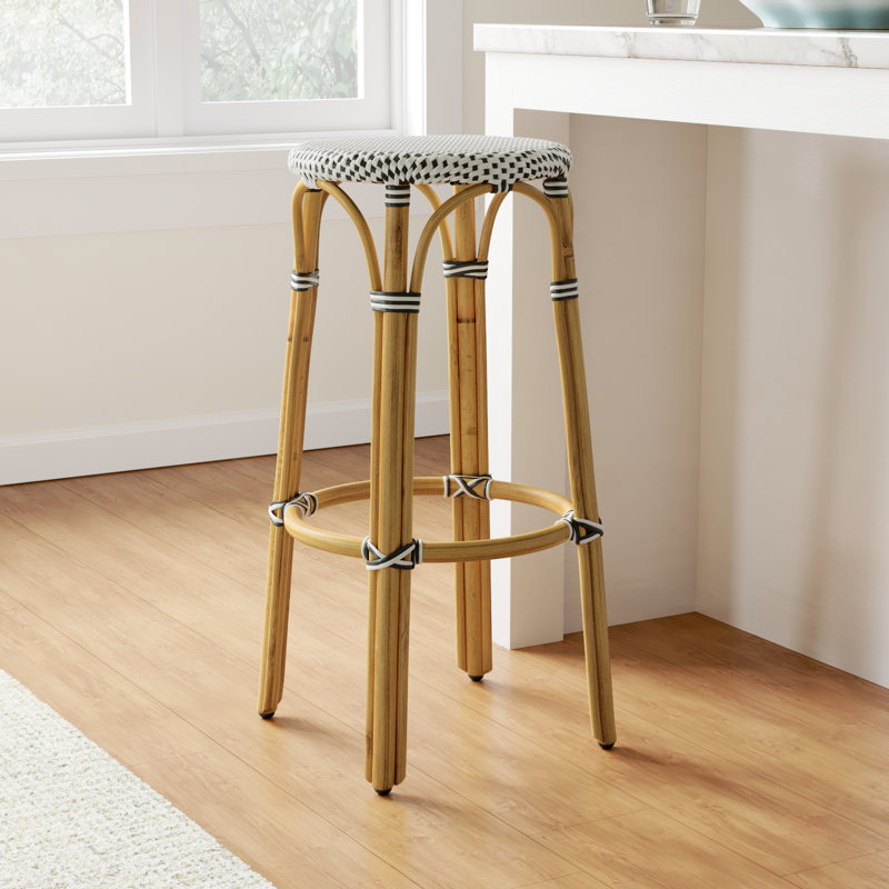 Alastair 30" Rattan Bar Stool - White/Black Dot/ Natural Rattan Frame, Bar Stool (30" Seat Height)