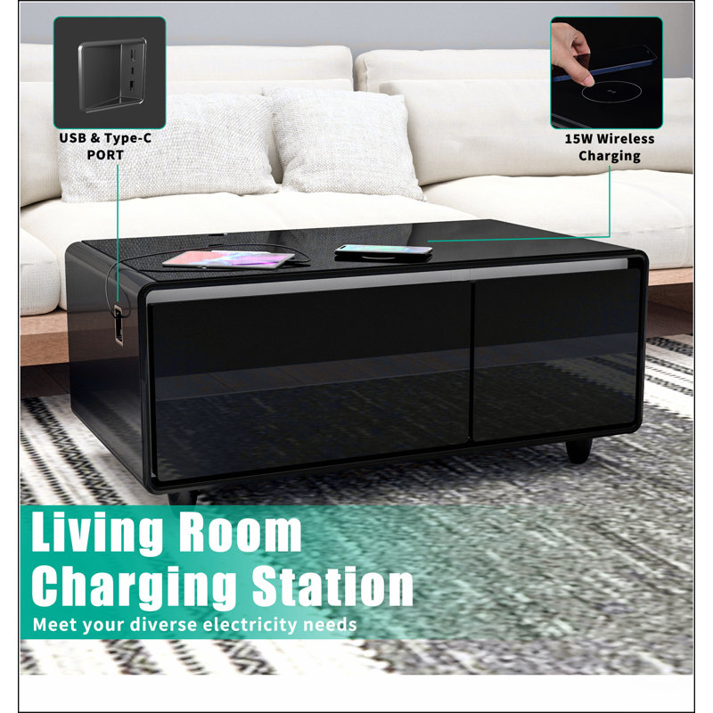 Table basse moderne et intelligente avec réfrigérateur intégré, haut-parleur Bluetooth, chargement sans fil, Noir